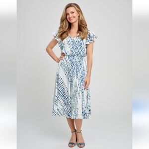 Maison Tara Midi Dress Size 10 Lined Abstract‎ Ruffle Short Sleeve V-Neck Casual